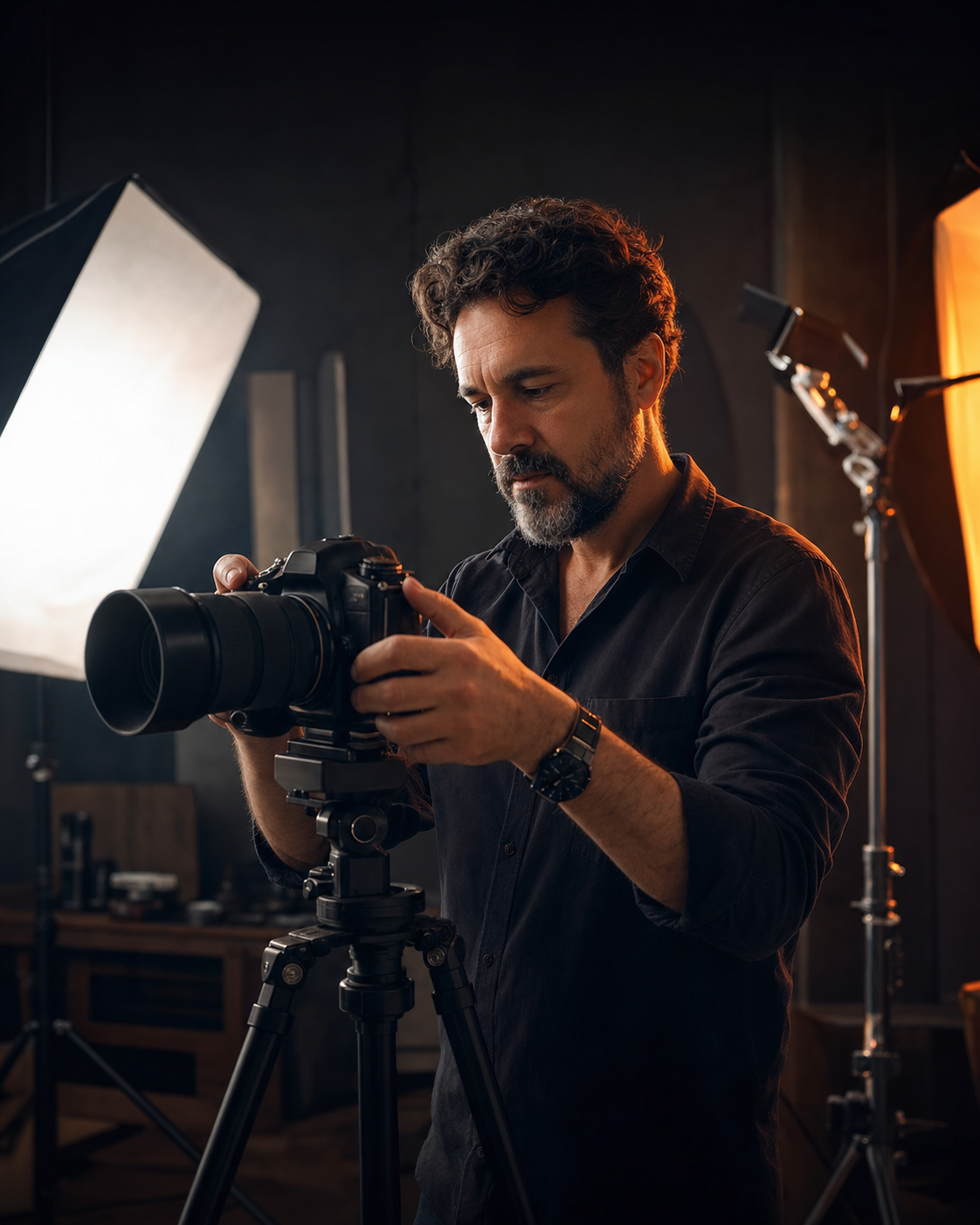 Fotografo al lavoro in studio a Catania, regola una fotocamera su treppiede sotto luci softbox